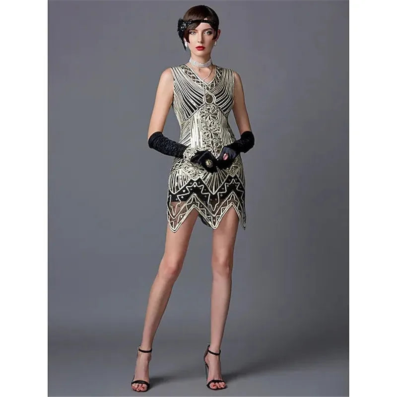 1920s Women's Sequin Triangle Hem Dress Sleeveless Gold Thread