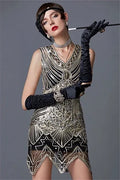 1920s Women's Sequin Triangle Hem Dress Sleeveless Gold Thread