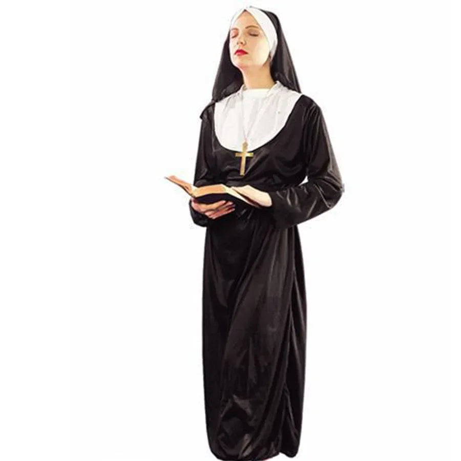 Women's Nun Costume Traditional Adult Sister Black Robe Religious