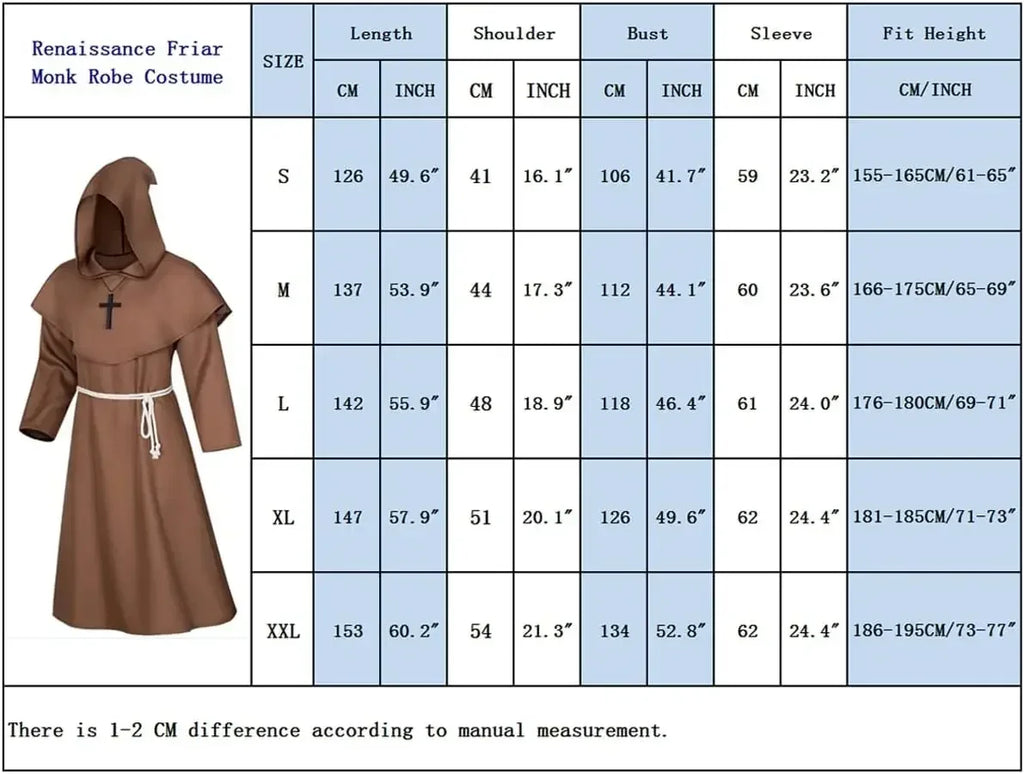 Medieval Monk Hood Cloak Sorcerer Priest Costumes Halloween Robe