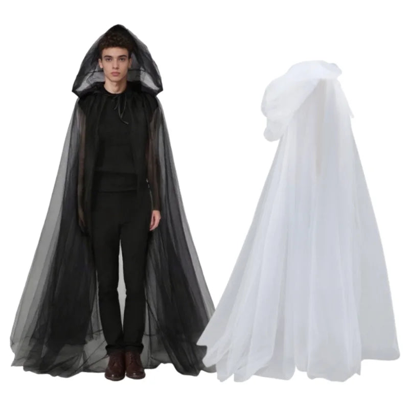 Medieval Gothic Mesh Hooded Cloak Long Black White Tulle Witch Cape