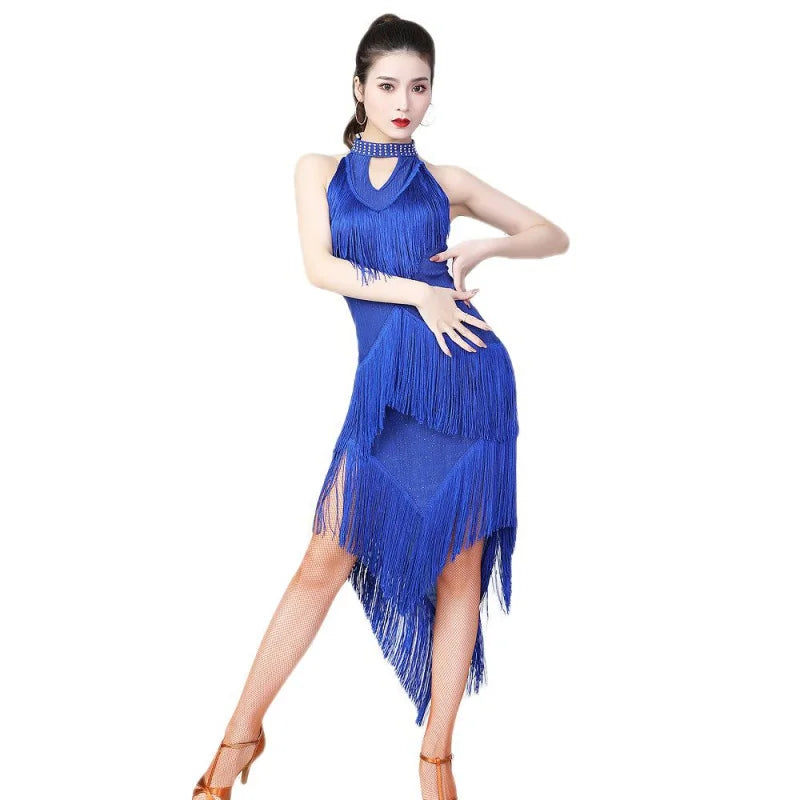 Women Shiny Fringe Halter Neck Dress Roaring Flapper Gatsby Latin