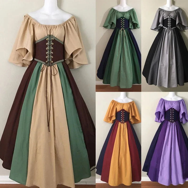 European Medieval Retro Contrast Color Stitching Flying Sleeves Court