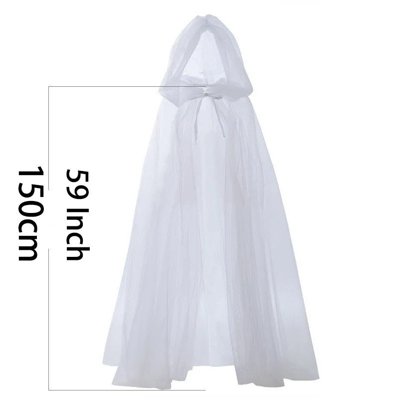 Medieval Gothic Mesh Hooded Cloak Long Black White Tulle Witch Cape