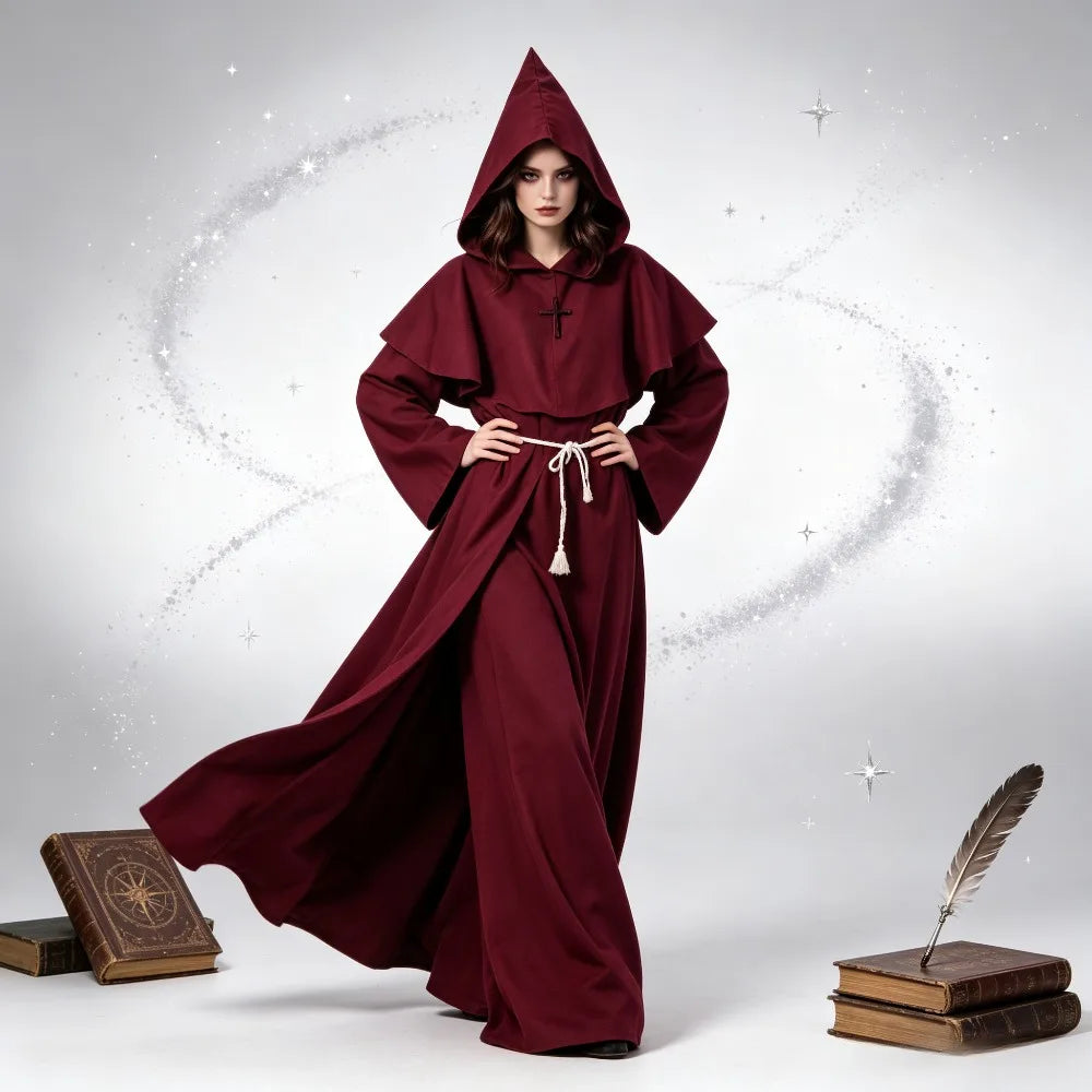 Medieval Hooded Monk Friar Priest Wizard Long Robe Unisex Adult Loose