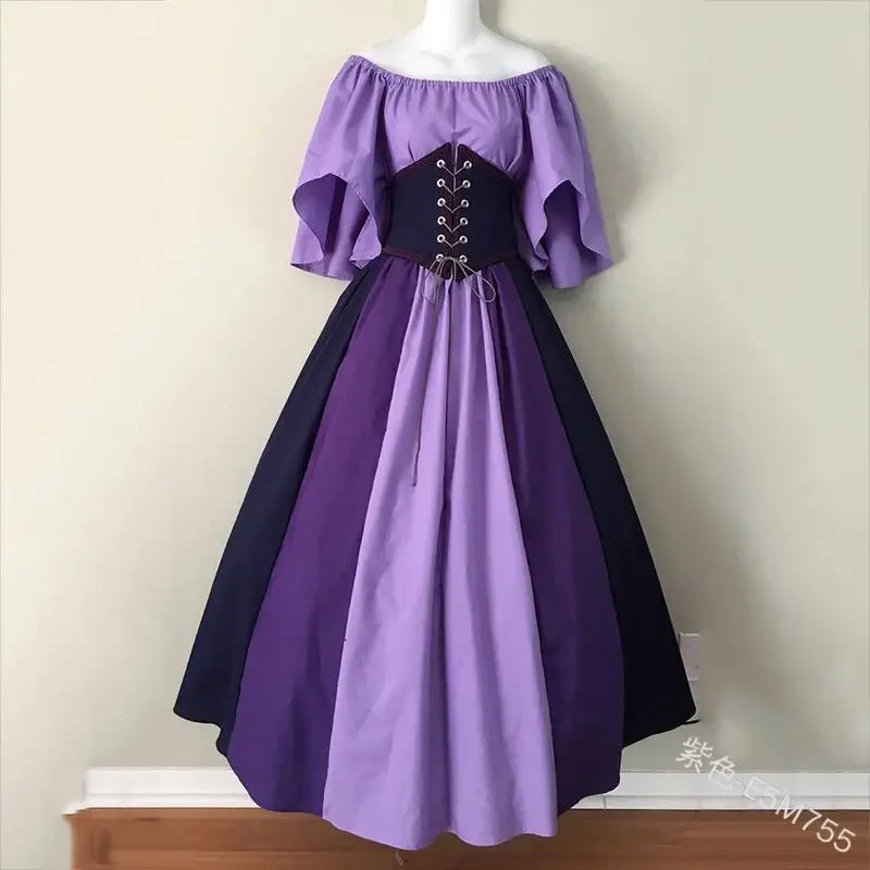 European Medieval Retro Contrast Color Stitching Flying Sleeves Court