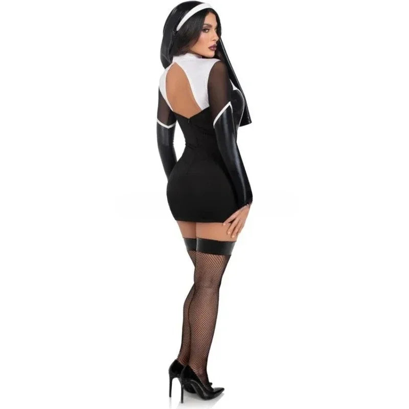 Women Halloween Nun Costume Sexy Black Pu Leather Hollow Nun Cosplay