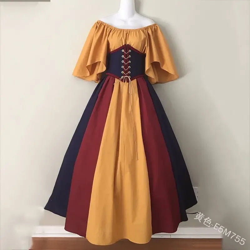 European Medieval Retro Contrast Color Stitching Flying Sleeves Court
