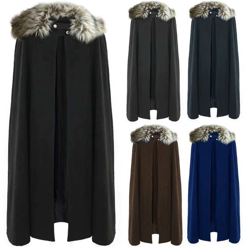 Men's Medieval Viking Winter Cloak Thick Collar Larp Knight Cosplay