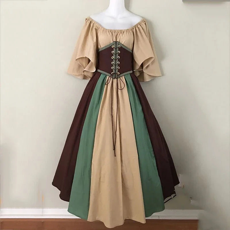 European Medieval Retro Contrast Color Stitching Flying Sleeves Court
