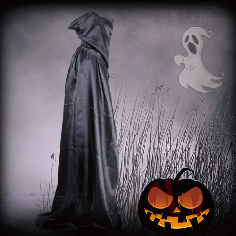 Halloween Cloak Soft Unisex Hooded Black Robe Witch Long Cape Cosplay