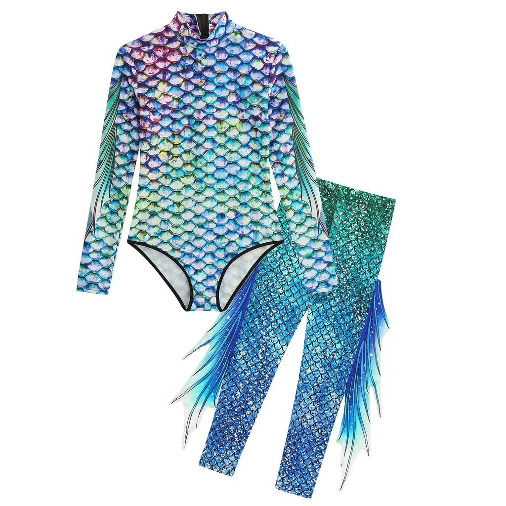 Womens Mermaid Costume Outfits 3d Fish Scale Print Long Sleeve