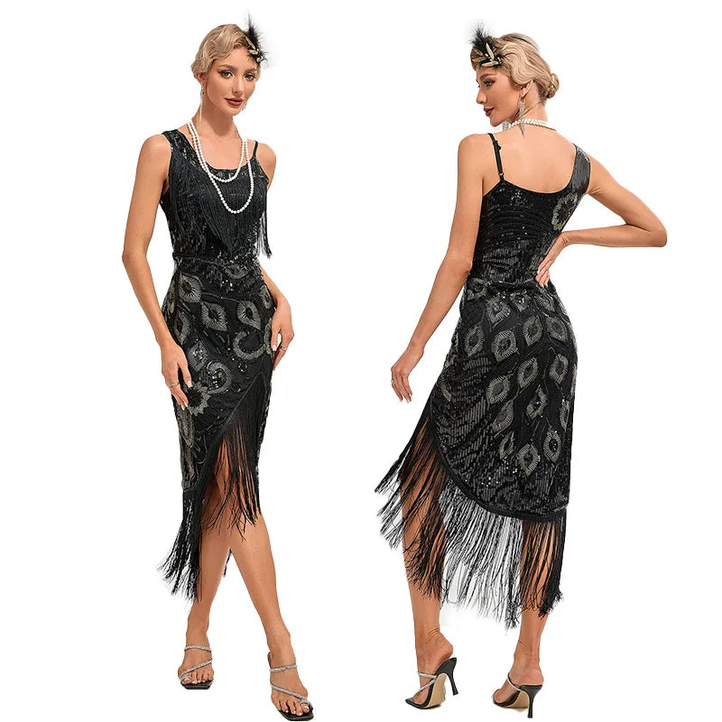 Sequin Dress 1920s Retro Tassel Peacock Pattern Dress Great Gatsby
