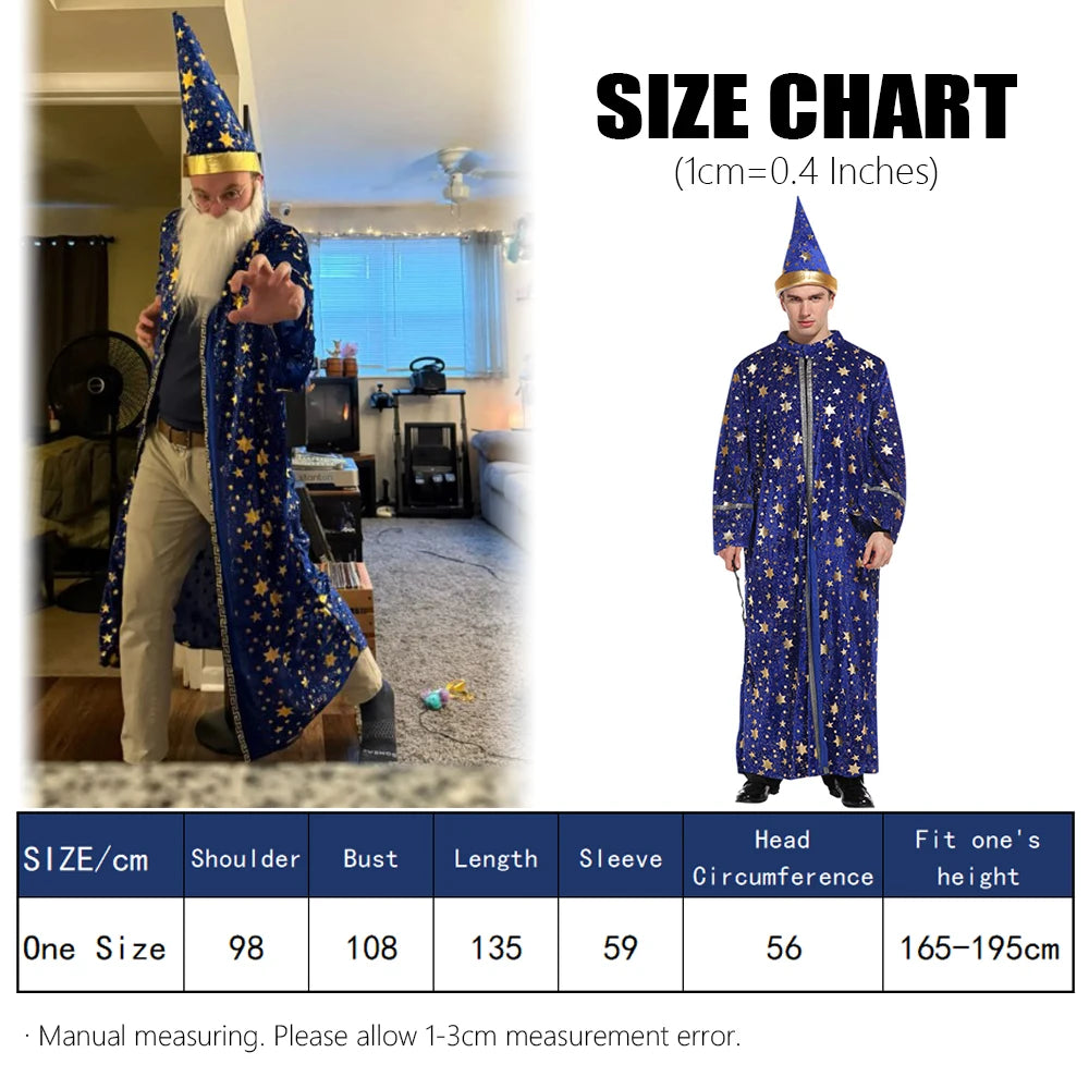 Adult Wizard Cosplay Magician Performance Costume Blue Starry Robe +