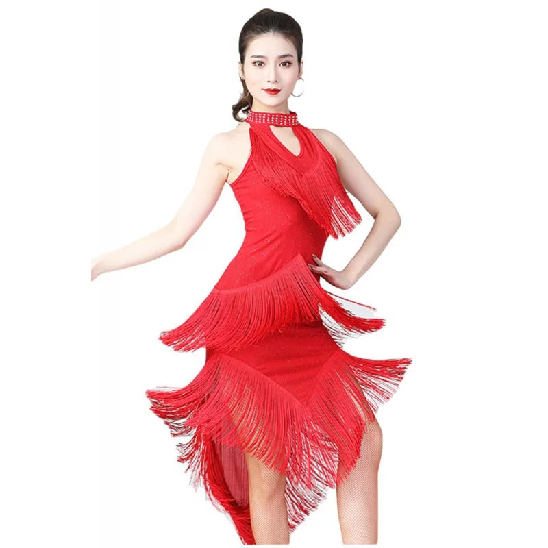 Women Shiny Fringe Halter Neck Dress Roaring Flapper Gatsby Latin