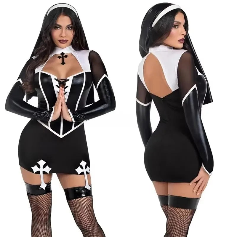 Women Halloween Nun Costume Sexy Black Pu Leather Hollow Nun Cosplay