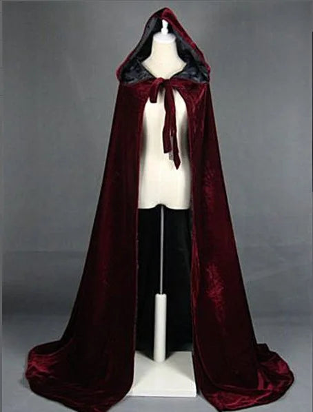 Hooded Cloak Long Velvet Cape Robe Green Black Red Halloween Carnival
