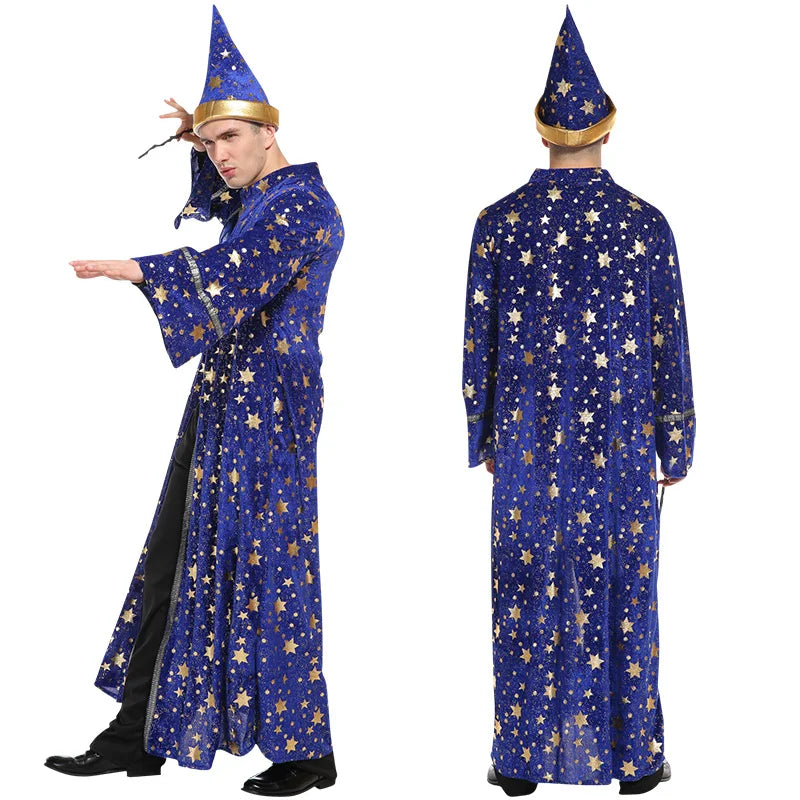 Adults Halloween Costumes Wizard Glittering Stars Robe Pointy Hat