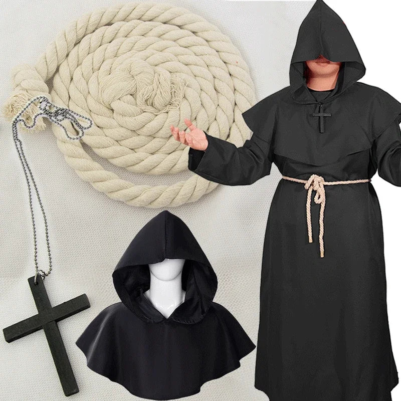Medieval Monk Hood Cloak Sorcerer Priest Costumes Halloween Robe
