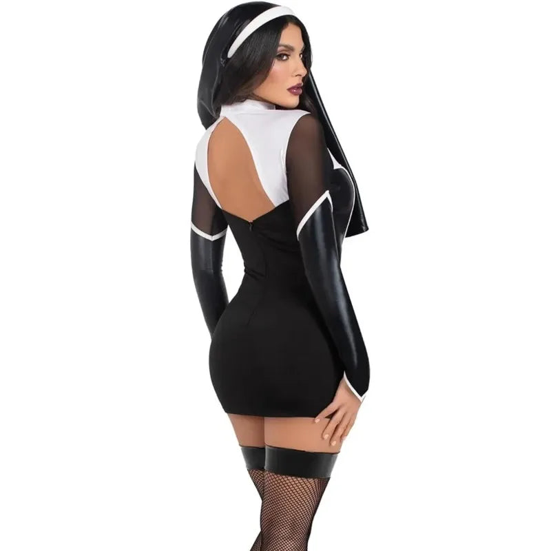 Women Halloween Nun Costume Sexy Black Pu Leather Hollow Nun Cosplay