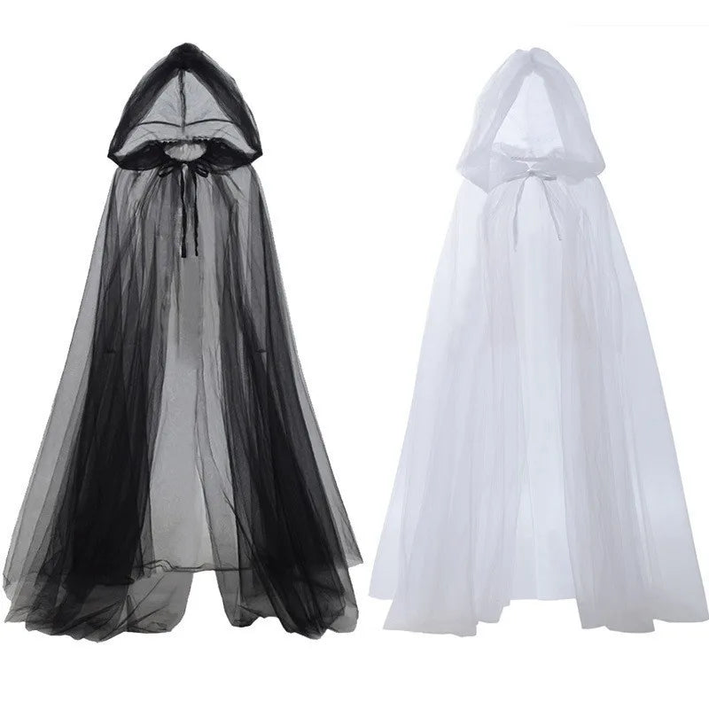 Medieval Gothic Mesh Hooded Cloak Long Black White Tulle Witch Cape