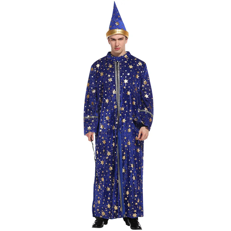 Adults Halloween Costumes Wizard Glittering Stars Robe Pointy Hat