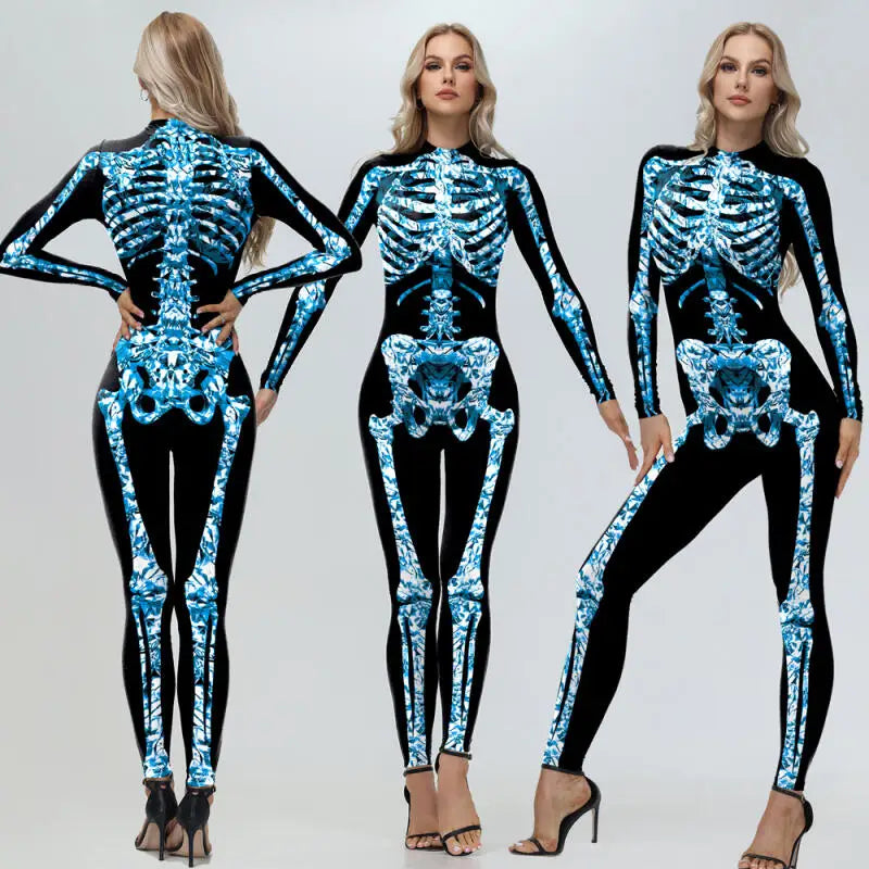 Cosplay Zombie Scary Skeleton Printed Bodysuit Halloween Party