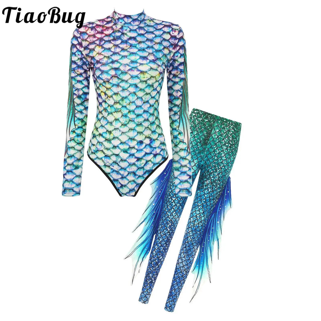 Womens Mermaid Costume Outfits 3d Fish Scale Print Long Sleeve