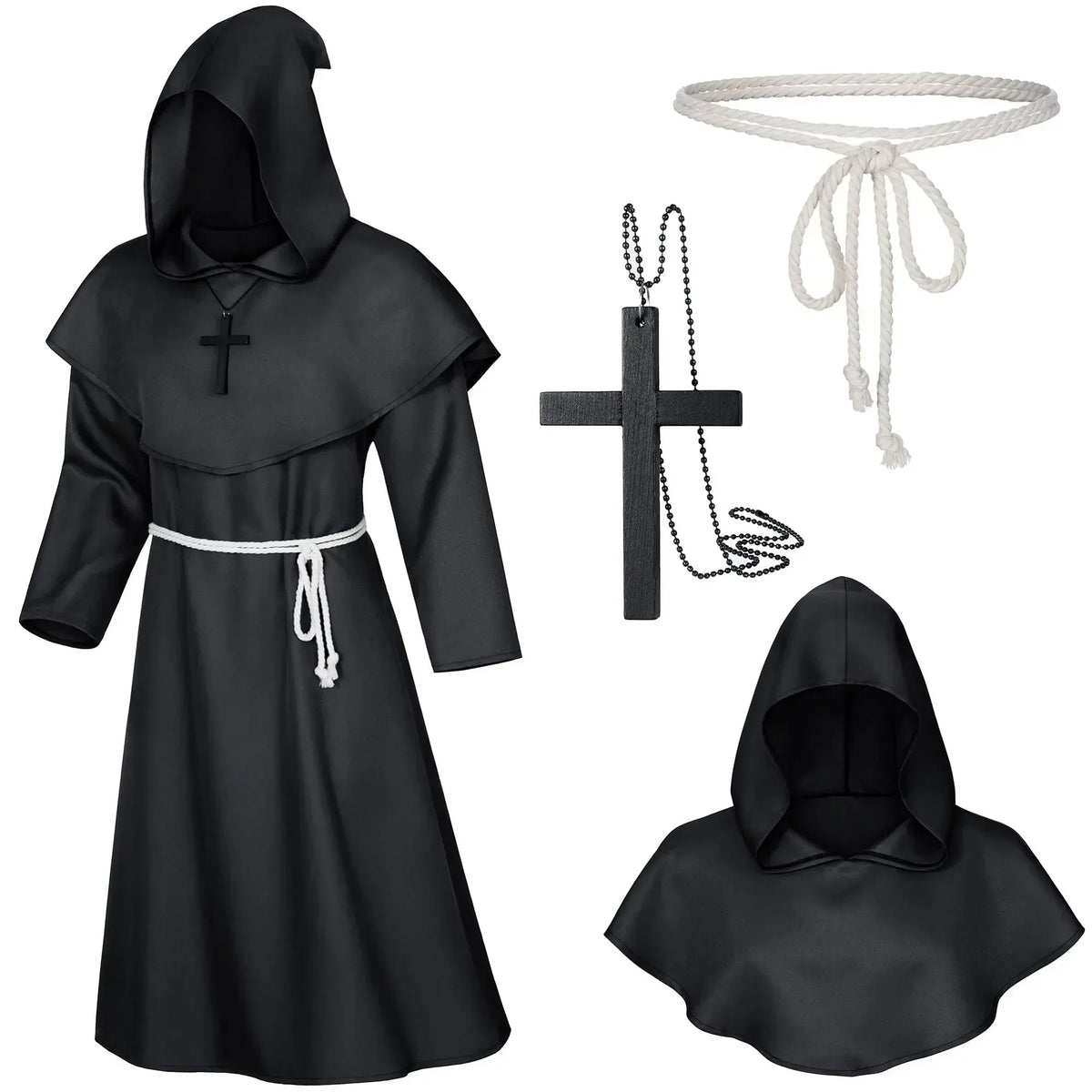 Medieval Monk Hood Cloak Sorcerer Priest Costumes Halloween Robe