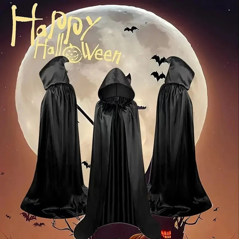 Halloween Cloak Soft Unisex Hooded Black Robe Witch Long Cape Cosplay