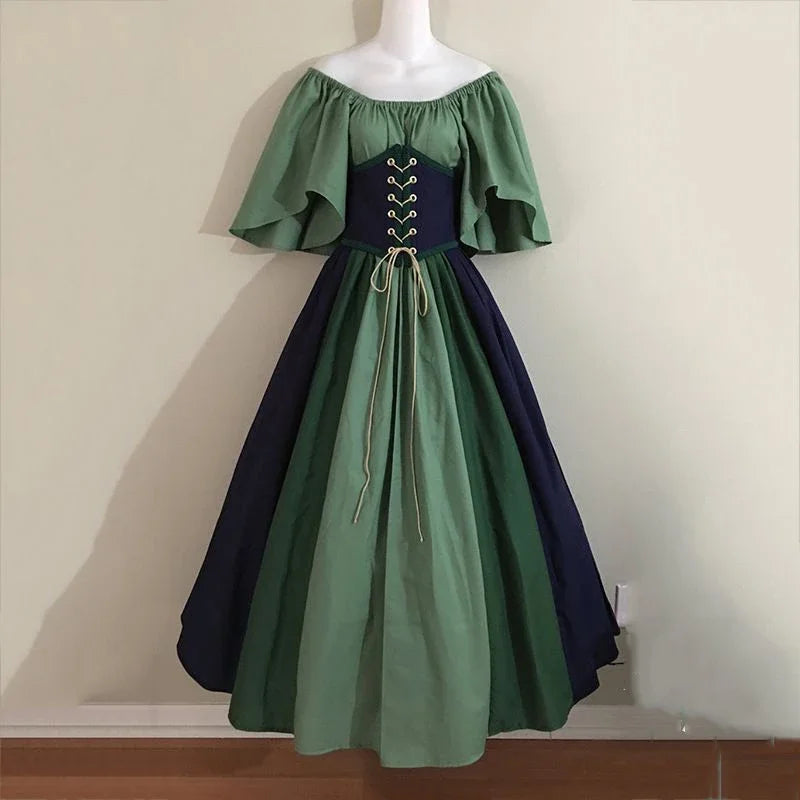 European Medieval Retro Contrast Color Stitching Flying Sleeves Court