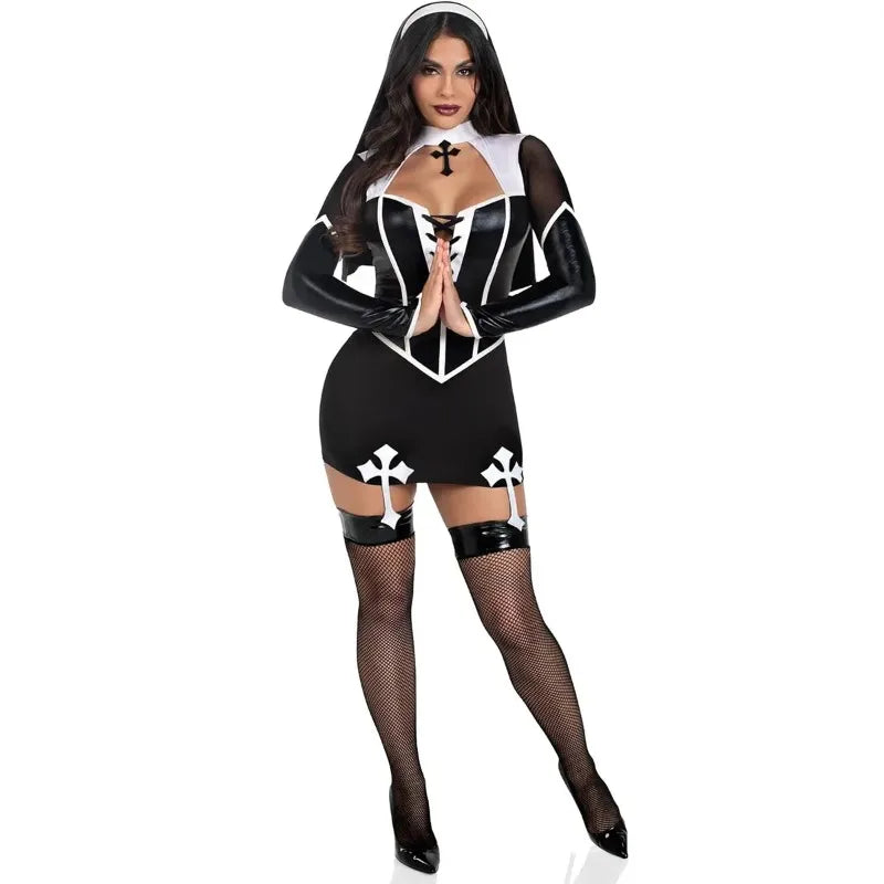 Women Halloween Nun Costume Sexy Black Pu Leather Hollow Nun Cosplay
