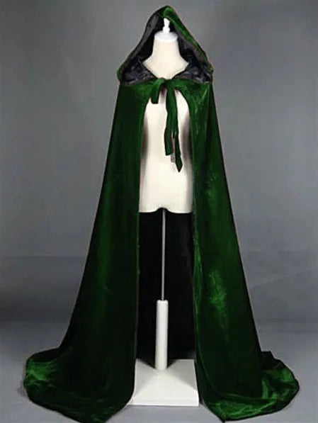 Hooded Cloak Long Velvet Cape Robe Green Black Red Halloween Carnival